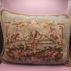 Vintage Embroidered Needlepoint Louis XV Gobelin Style Rectangle Pillow, Velvet - Picture 1 of 7