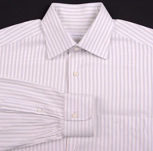 RECENT Ermenegildo Zegna White Blue Brown Chevorn Stripe Dress Shirt 16 - Picture 1 of 8