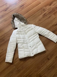 Kenneth Cole Womens Puffer White Jacket Size Medium Brown Faux Fur Trim Coat - Picture 1 of 10