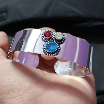Bracciale Big Bangle in argento sterling 925 con topazio blu, opale di... - Immagine 1 di 4