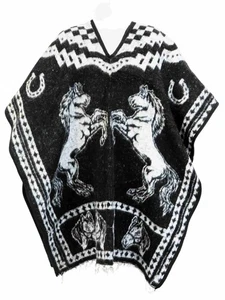 Authentic Mexican Poncho Gaban - Unisex Black Poncho with Horses Design - Picture 1 of 5