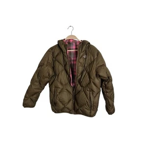 North Face Pink Plaid & Solid Brown Reversible Goose Down Puffer Zip Up Girls XL - Picture 1 of 5