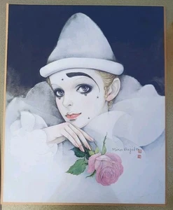 Pierrot with Rose by Mira Fujita Poster Replica Signed Block Mounting- Vintage - Picture 1 of 2