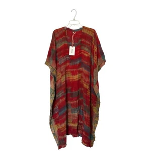 SunChild Silk Kaftan Boho Kantha Wide Sleeves V Neck Kimono Dress One Size NWT - Picture 1 of 7