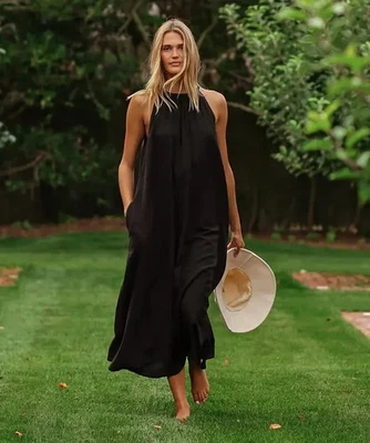 Vestido Jenni Kayne Drift Maxi Negro Bolsillos Seersucker Mujer Mediano Solero Foto 1 de 4