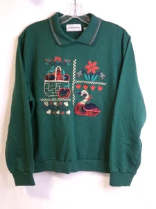 Alfred Dunner Green Embroidered Collared Pullover Size Large Goose Apples - Picture 1 of 9