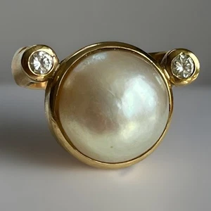 Mabe Pearl & Diamond Ring 9ct Yellow Gold 0.25ct Vintage Heavy 8.0g Size Q - Picture 1 of 17