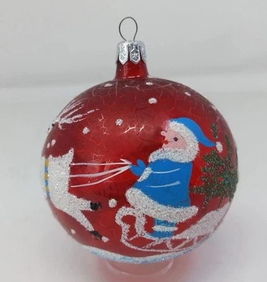 Poland Red Glass Ornament Santa Glitter Reindeer Christmas Vintage 3.5" - Image 1 of 4
