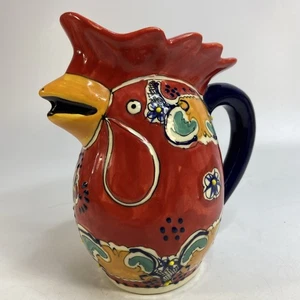 Mexican Talavera Rooster Pitcher Utensil Holder Hand Painted Moriage RED Blue 9" - Picture 1 of 14