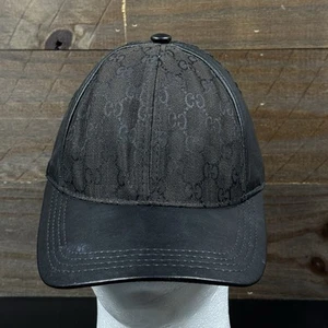 Vintage GUCCI Black Leather & Canvas GG Monogram Baseball Hat Cap Made In Italy - Picture 1 of 9