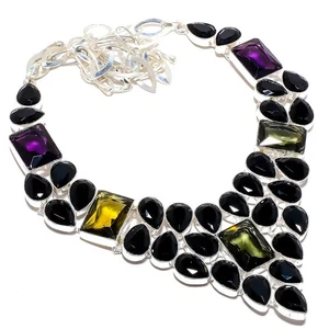 Green Tourmaline, Black Onyx Gemstone 925 Sterling Silver Necklace 18" I896 - Picture 1 of 5
