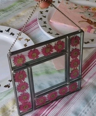 Accent Mirror 6"  Stained Glass Pressed Flowers Cottage Vintage Square - Image 1 of 4