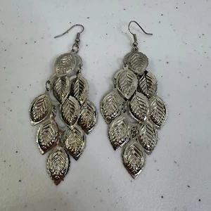 Leaf Earrings Dangle Silver Tone Charm Chandelier Boho Long Statement Textured - Picture 1 of 5