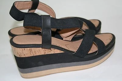 Sapatos femininos de salto cunha 3" caixa amarela mimosa lona preta biqueira aberta tiras 7 M - Imagem 1 de 4