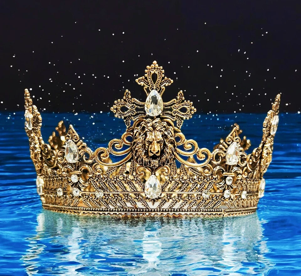 Corona Rey León de colección, corona de cristal transparente para novio, corona de graduación, corona dorada Foto 1 de 4