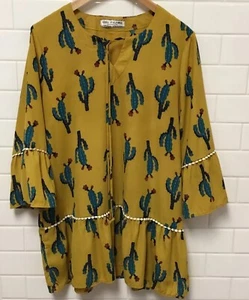 Giddy-Up Glamour Womens Tunic Top Blouse Cactus Print Mustard Yellow Sz M/L - Picture 1 of 12