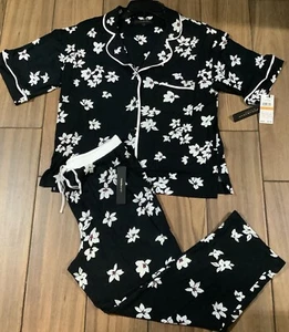 Donna Karan Sleepwear SET Women’s Size Small Modal Knit Black/White Flowers - Picture 1 of 9
