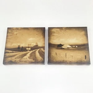 Vintage Farmhouse Barn Canvas Prints Set Of 2 Wall Art Rustic Farm Scene 7”x 7” - Picture 1 of 22