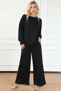 Double Take Full Size Textured Long Sleeve Top and Drawstring Pants Set - Picture 1 of 34