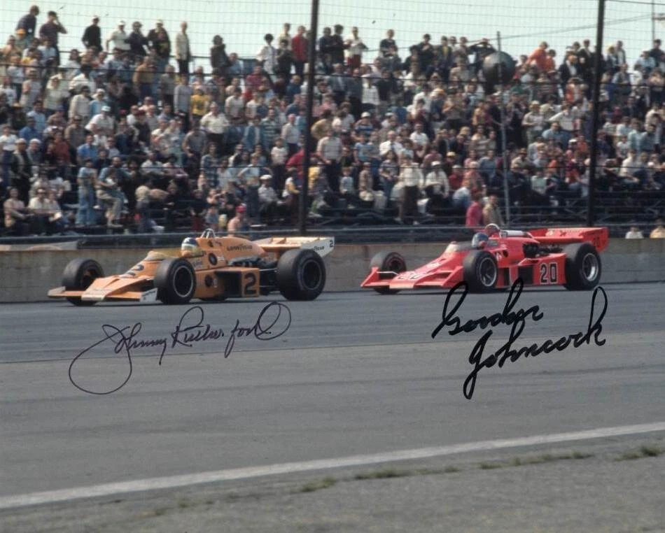 Foto 8x10 firmada por Gordon Johncock y Johnny Rutherford 1976 Indy 500 Foto 1 de 1