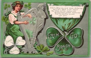 1910 Día de San Patricio Postal en relieve Pretty Lady/Arpa plateada ERIN GO BRAGH - Imagen 1 de 2