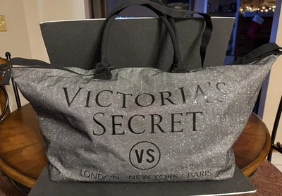 Victoria's Secret Black & Silver Glitter Weekender Tote Bag Limited Edition Cute - Image 1 of 4