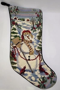 Vintage Canterbury Snowman Needlepoint Christmas Stocking Wool Green Velvet  17" - Picture 1 of 6