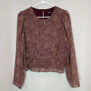NWT Express Top Blouse Women's L Maroon Gold Printed Long Sleeve Lined Smocked - Picture 1 of 13