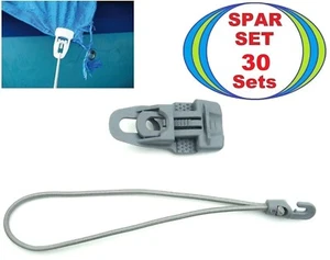30 MIDI Planen Clips grau + 25 cm Spann Gummi mit Haken Klemme Markisen Zelt Set - Picture 1 of 17