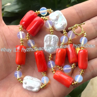 Colar de pedras preciosas de pedra lunar coral cilindro laranja pérola retangular branco natural 18" - Imagem 1 de 4