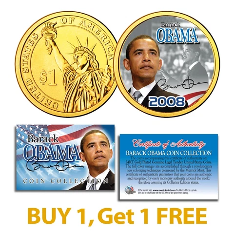 BARACK OBAMA 2008 Presidential $1 Dollar Coin 24K Gold Plated - BUY 1 GET 1 FREE Cover