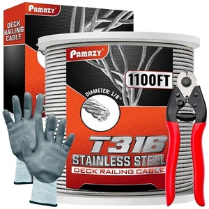1100FT 1/8” T316 Premium Stainless Steel Deck Cable Railing Kit w/ Cutter & Glov - Picture 1 of 7