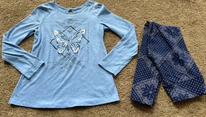JUSTICE GIRLS Blue Butterfly Shirt LEGGINGS Vguc Size 12 - Picture 1 of 3