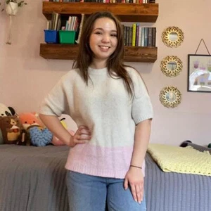 Lilla P Color blocked Wool Alpaca Crewneck Sweater Womens M/L Pink White - Picture 1 of 7