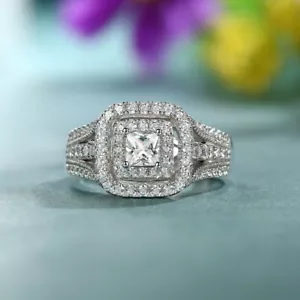 Anello di fidanzamento 1/2 ct principessa bianca zirconi aureola in argento sterling 925 - Foto 1 di 7