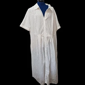 Jessica London Dress White Eyelet 26W Plus Size Shirt Dress Maxi Pockets Lined - Picture 1 of 10