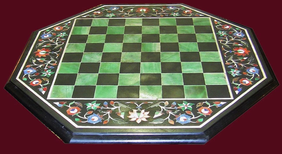 18" Chess Table Top Black Marble Pietra Dura Handmade Art Work - Image 1 of 1