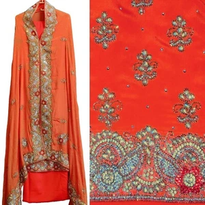 ORANGE PURE CREPE INDIAN PAKISTANI HVY BRIDAL SALWAR KAMEEZ LADIES SUIT MATERIAL - Picture 1 of 5
