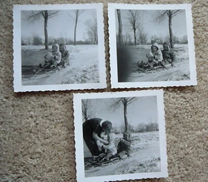 3 - Vintage 1950s BLACK & WHITE B&W SNAPSHOT PHOTOGRAPHS - CHILDREN on SLED - Picture 1 of 5