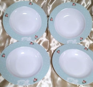 Near Mint Royal Albert Polka Rose Rim Soup Plate Bowl 24cm 4 Set w/Box - Picture 1 of 7