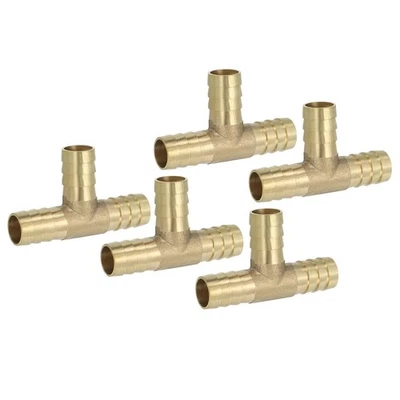 5 Pcs 1/2" Brass Tee Barb Hose Fitting 3 Ways Adapter Union Barbed Split, Golden - Image 1 of 4