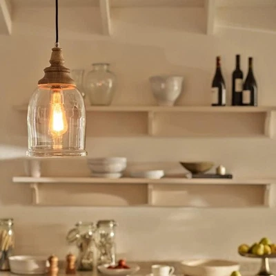 The White Company Belvedere Small Pendant Ceiling Light Glass Mango Wood. - Image 1 of 4