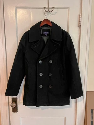 Lands End Black Pea Coat Wool Small 34-36 Heavy Double Breasted Navy Button - Image 1 of 4