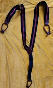 Men's Navy/Red/Blue Striped Suspenders Solid Brass  Cognac Leather  Vintage - Picture 1 of 12