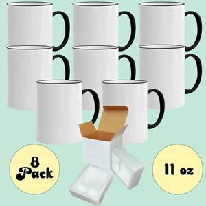 8 PCS 11oz BLACK Rim Handle Blank Sublimation Coffee Mugs + Foam Support Box - Picture 1 of 4