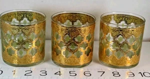 3 Culver Valencia Old Gold Fashioned Glasses Encrusted Straight Green Accent 3" - Picture 1 of 8