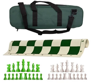 Green Deluxe Single Weight Chess Set - Board, Bag w/ Neon Green & White Pieces - Picture 1 of 5