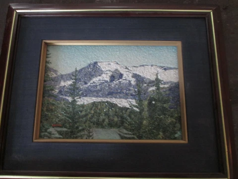 Vintage Gem Stone Painting Snow Capped Mountain Handmade Collectible Wall Decor Cover