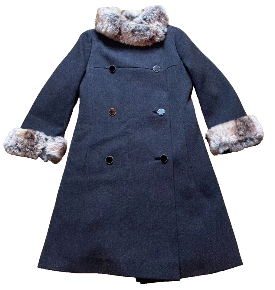 Vintage 1950s Brynwood Double Breasted Rabbit Fur Collar Long Trench Wool Coat S - Image 1 of 4