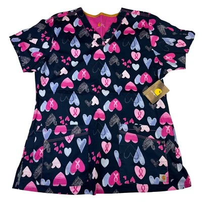 Blusa Médica Carhartt Mujer Grande Azul Corazones Estampado Completo Manga Corta Cuello en V Foto 1 de 4